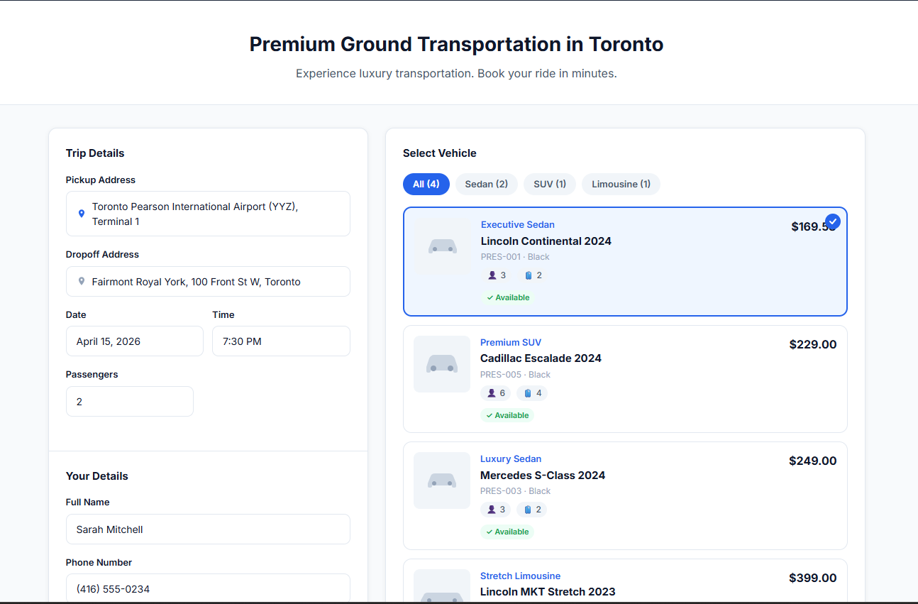 Client booking page showing vehicle selection, trip details, and live pricing