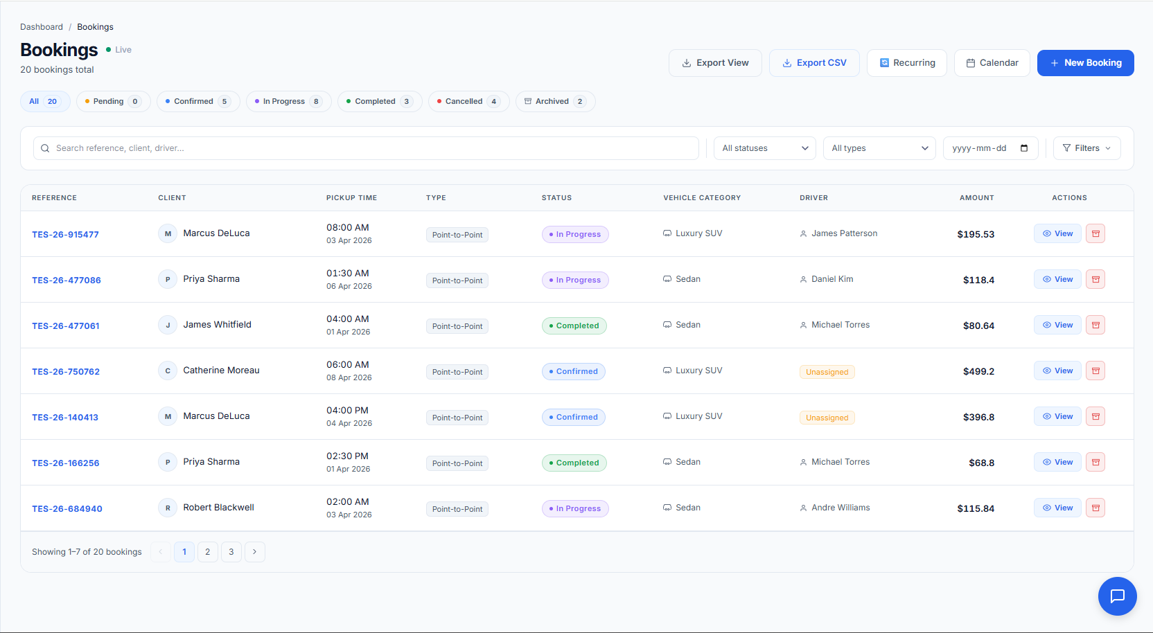 Bookings management with smart filters and status tracking