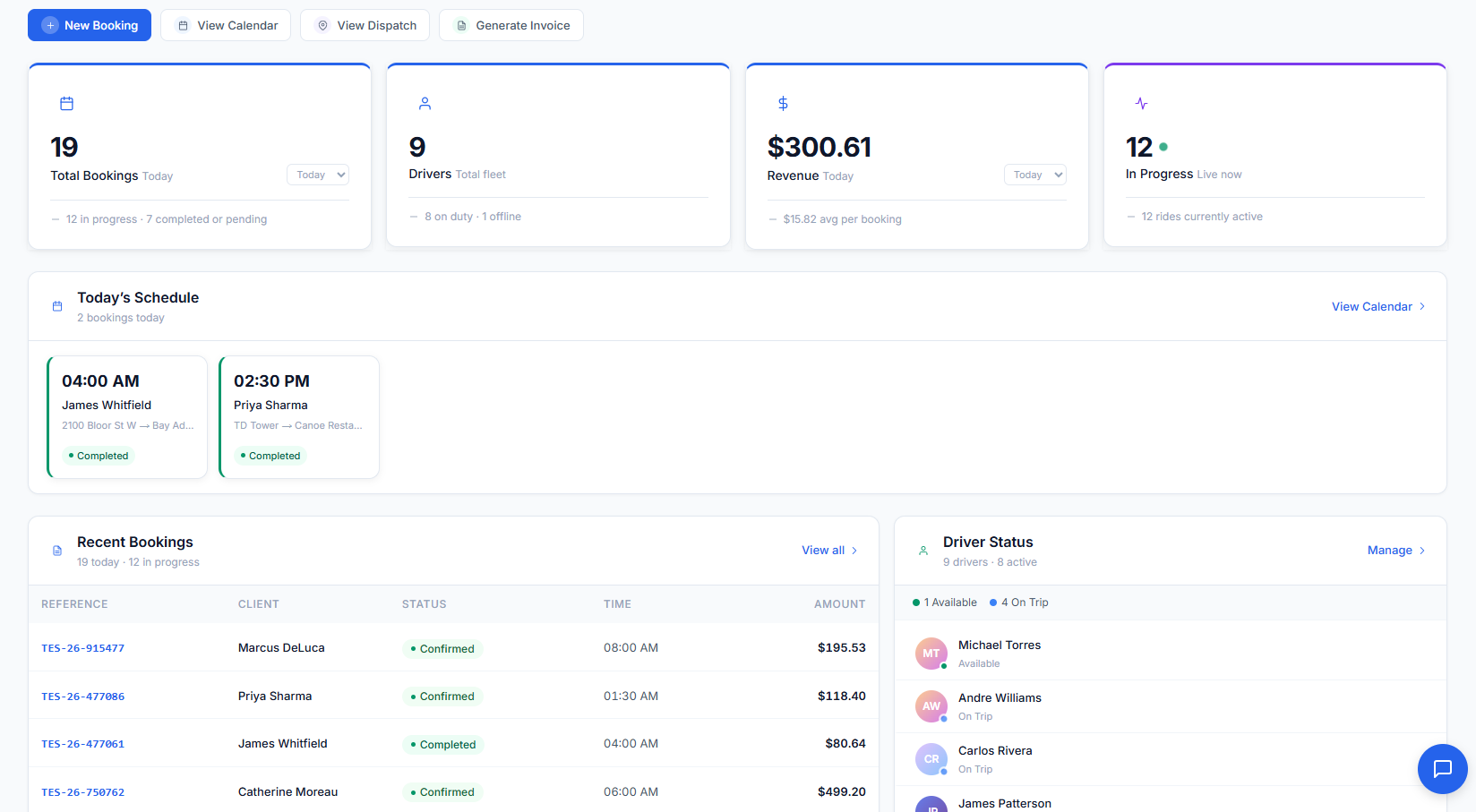 DrivOQ dashboard showing booking management, driver dispatch, and revenue analytics