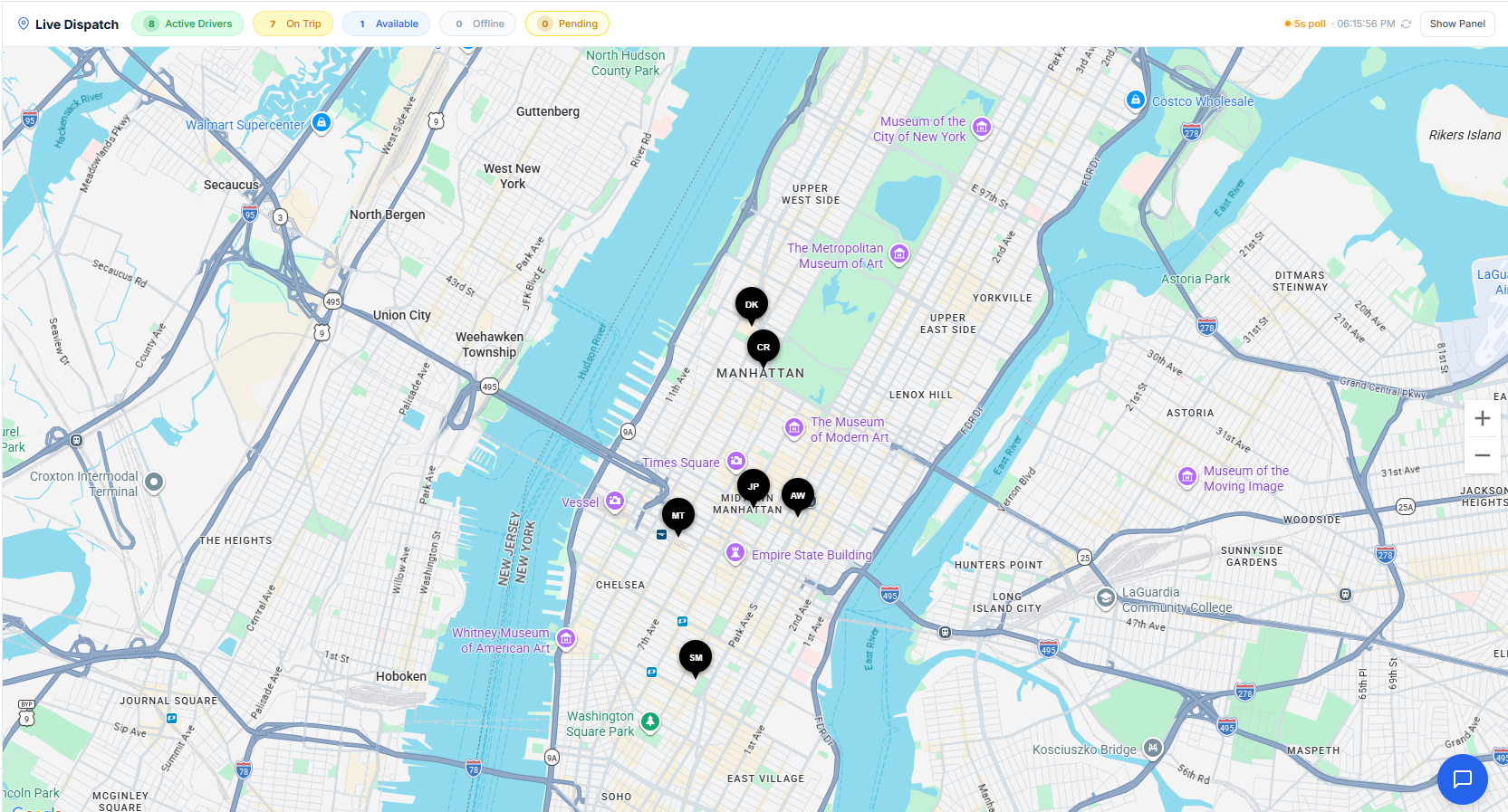 Live dispatch map with driver locations across the city